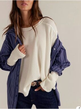 Free People FP One Blake Thermal Top White Cotton Slouchy Oversized Women’s Sm